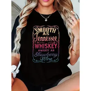 Casual Women'S Black Tee Featuring a Graphic That Says 'Smooth As Tennessee Whiskey, Sweet As Strawberry Wine' - Made from Soft, Stretchy Material, with a Round Neckline, Suitable for All Seasons, Playful Design, Machine Washable, Perfect for Ladies