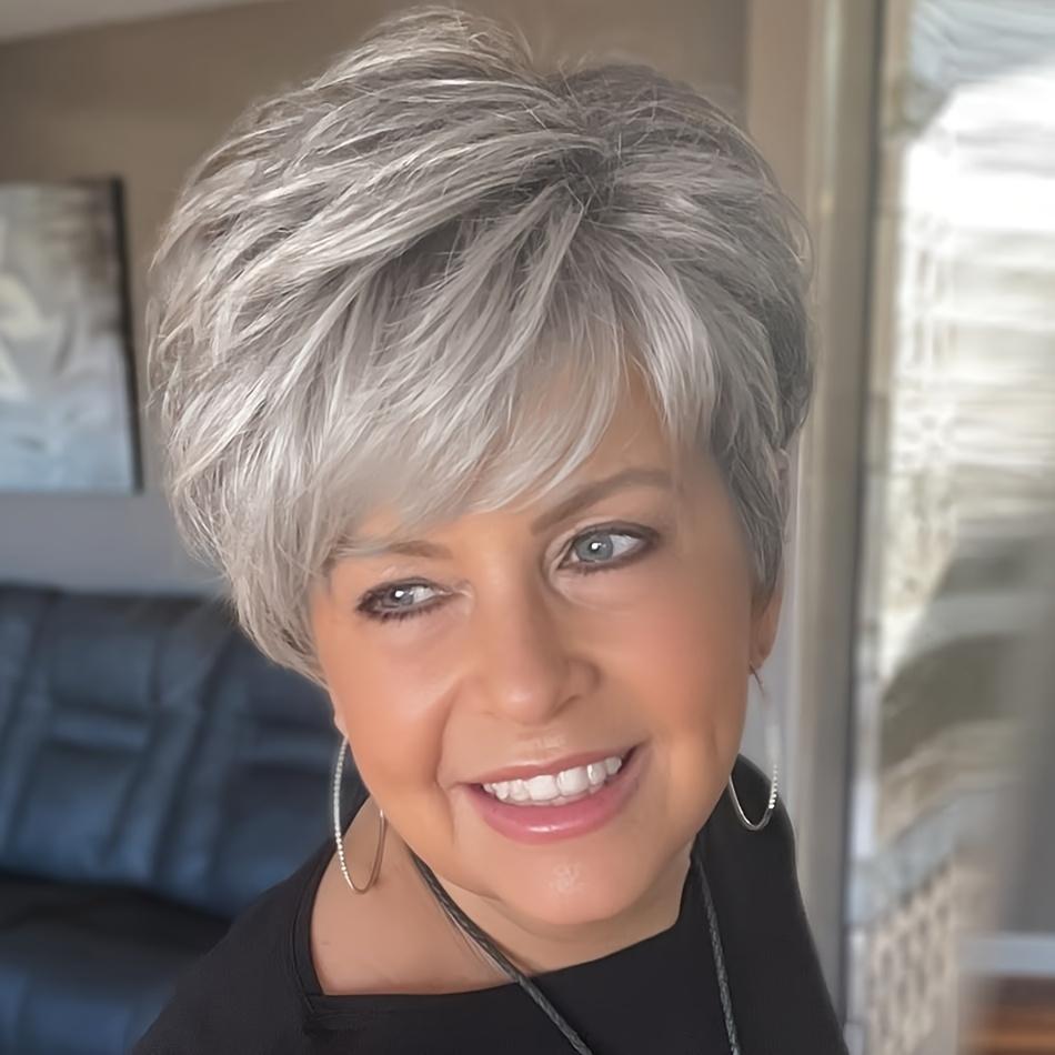 Women's Grey Glueless Pixie Cut Human Hair Wig, 180% Density Brazilian Hair, Short Straight Rose Net Cap, Natural Look Heat Stylable for Daily & Party Wear