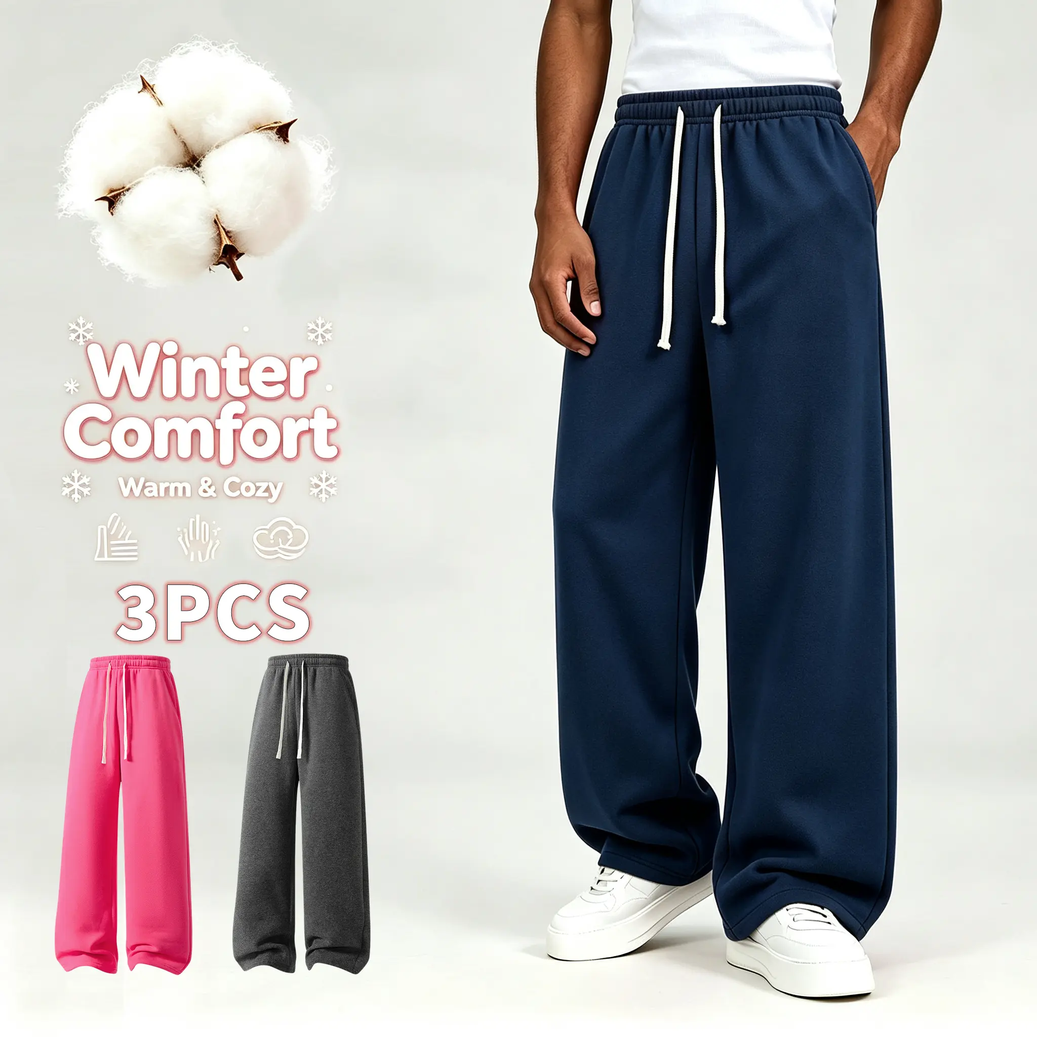 3 Pack Soft Plush Cotton Relaxed Fit Wide Leg Pants with Elastic Waistband — Stretchy, Comfortable Sweatpants, Breathable Warm Fabric, Versatile, Easy to Match Casual Bottoms for Skating, Walks, Weekends/Holidays, Winter Wardrobe Staples athletic