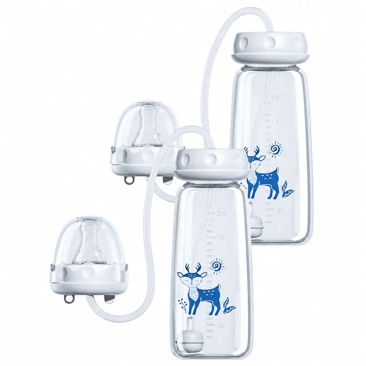 Hands-Free Baby Feeding Bottle - Pack of 2, Anti-Colic Silicone Nipple, BPA-Free PP Construction, Leakproof Wide Opening Feeder for Newborns, Trending Print Design - Blue