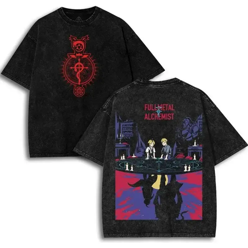 Unisex Oversized Fullmetal Alchemist Anime Streetwear T-Shirt - Classic Seamless Apparel, All-Season Personality Top for Anime Lovers, Couples, Shortsleeve, Print, Tshirt, Cotton, Clothes, Fabric, Menswear