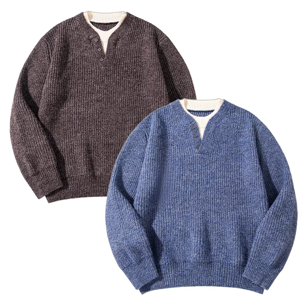 Menswear Long Sleeve Stylish Knitwear Top, Retro Chunky Cable-Knit Pullover, Faux 2-Piece Design, Minimalist Artsy Casual Style, Comfortable Fit, Henry-Style Half-Button Placket, Contrasting Inner Collar, Suitable for Urban Commuting, Casual Gatherings, T