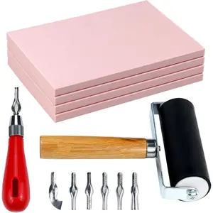 4 Pack Rubber Block Stamp Carving Blocks with Cutter Tools and Rubber Brayer Roller for Printmaking and More Crafts,DIY Hand Tools Kits