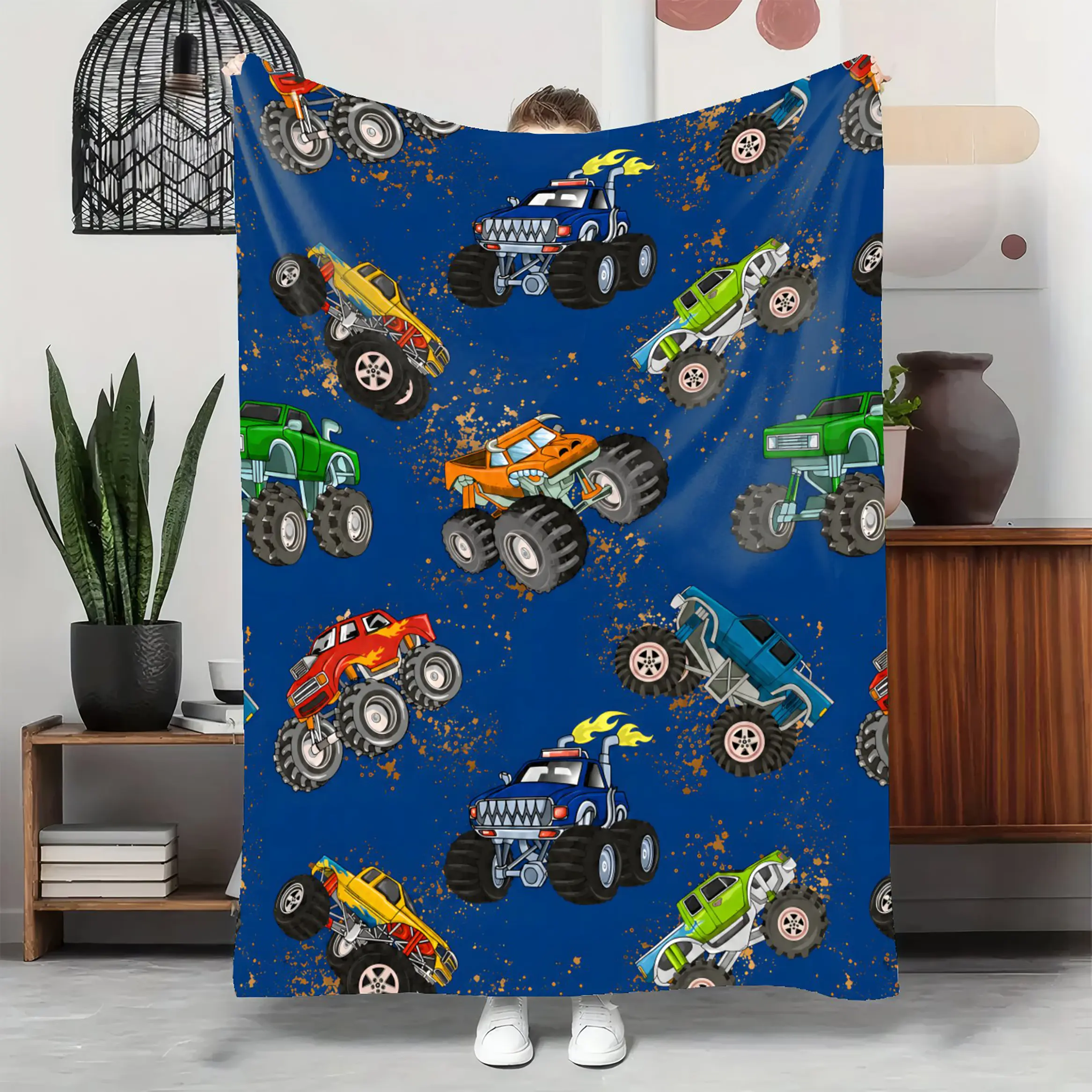 Monster Jam Monster Truck Throw Blanket Ultra Soft Flannel Lightweight Warm Cozy Plush Fleece Blanket Cartoon Vehicle Graphic For Bedroom Living Room Sofa Bed Dorm Travel Camping All Season Home Decor Kids Boys Girls Teens Adults, Bed/Living, Indoor/Outdo