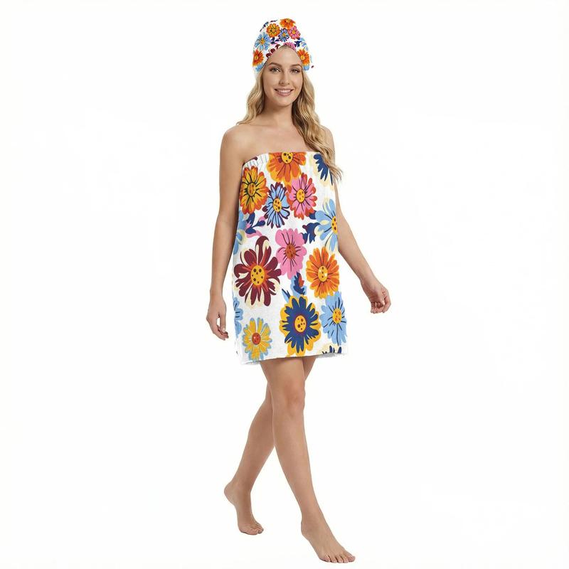 2pcColorful Floral Towel Dress for Women Strapless Post-Bath Spa Wrap Perfect for Showering Relaxation Poolside Bathroom Towel Dress with Head Wrap Adjustable Shower Wrap Towel with Home Hotel Bath Towel Nightgown for Sauna Beach Pool Gym Travel