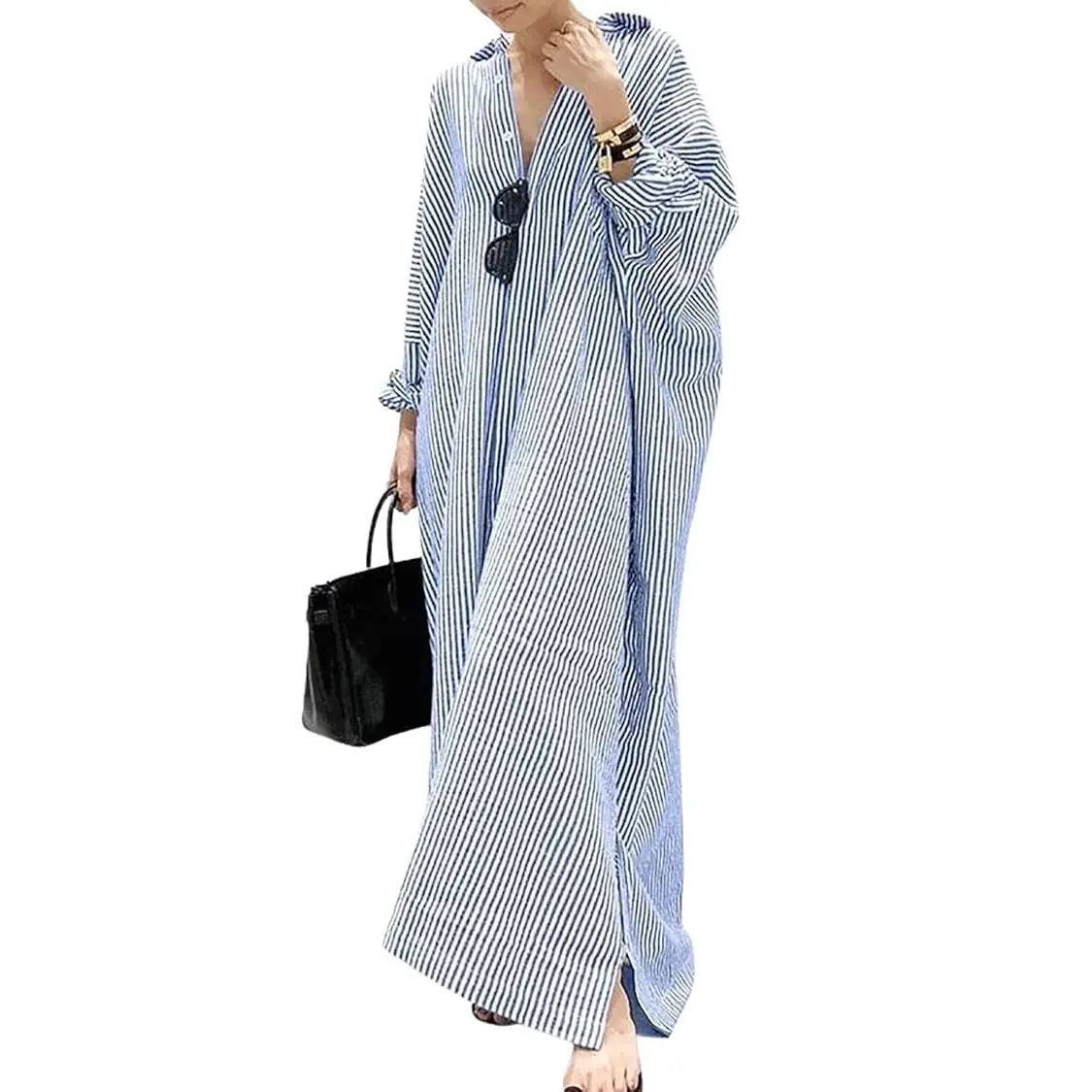 CHARTOU Women's Striped Cotton Shirt Dress, Casual Loose Fit Maxi Kaftan with Long Batwing Sleeves and Pockets, Maxidresswomen, Casual Dresses, Kaftan Dresses, Soft Cotton Kaftan