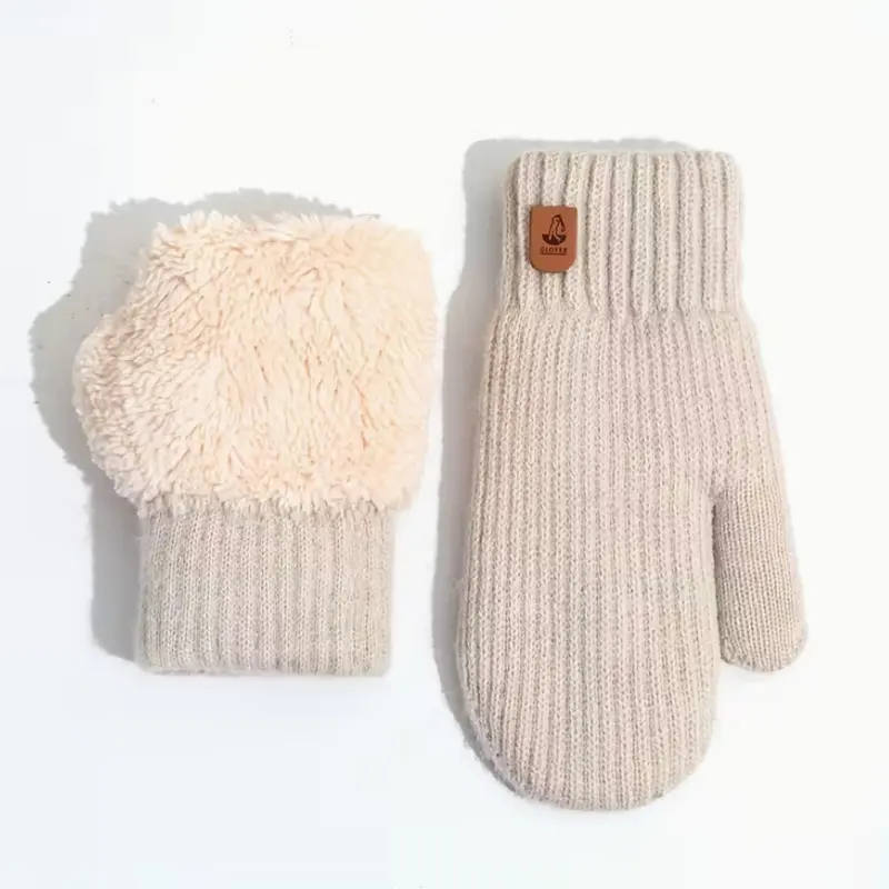 Winter Warm Fleece Lined Gloves, Cute Plush Puffy Full Finger Knit Gloves, Thick Double Layer Cold Protection, Outdoor Solid Color Striped Gloves, Thermal Gloves, Cold Weather Gloves