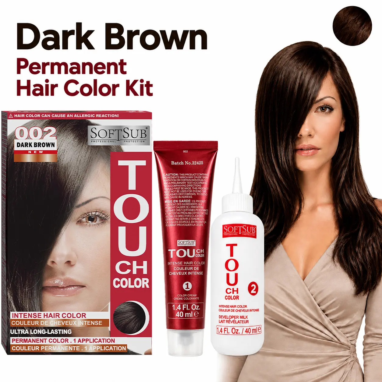 SOFTSUB 002 Dark Brown Permanent Hair Color Kit, 100 mL with Deep Protecting Conditioner, Polished Brunette Gray Coverage, Compact At-Home DIY, Self-Care Gift
