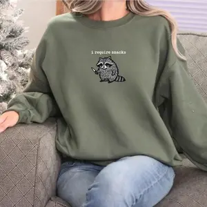 I Require Snacks Print Raccoon Sweatshirt Trendy Meme Funny Racoon Sweatshirt, Goblincore Animal Lover Gift, Cozy Snack Gremlin Gift For Her