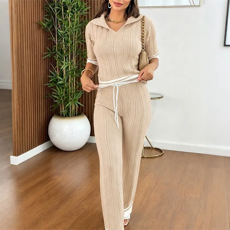 CHICME Women's 2 Piece Outfit Contrast Binding Knit Short Sleeve Top and Drawstring Straight Leg Pants Casual Loungewear