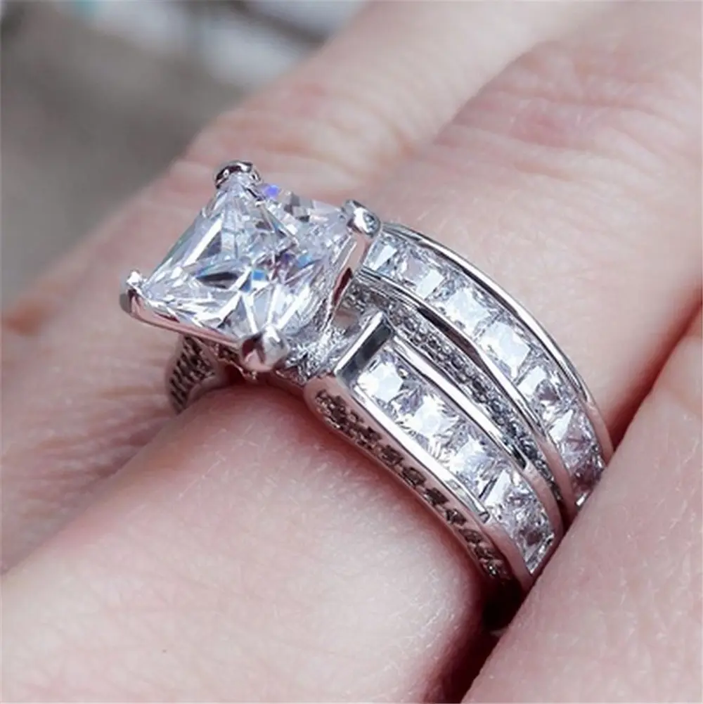 New Style Charm Couple Rings His Her Silver Color Princess Cut CZ ...