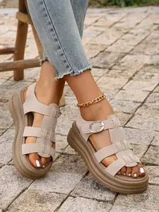 Women's Fashion Solid Color Gladiator Open Toe Multi Strap Sandals, Adjustable Platform Shoes, Casual Summer Footwear, Lightweight Breathable Comfort