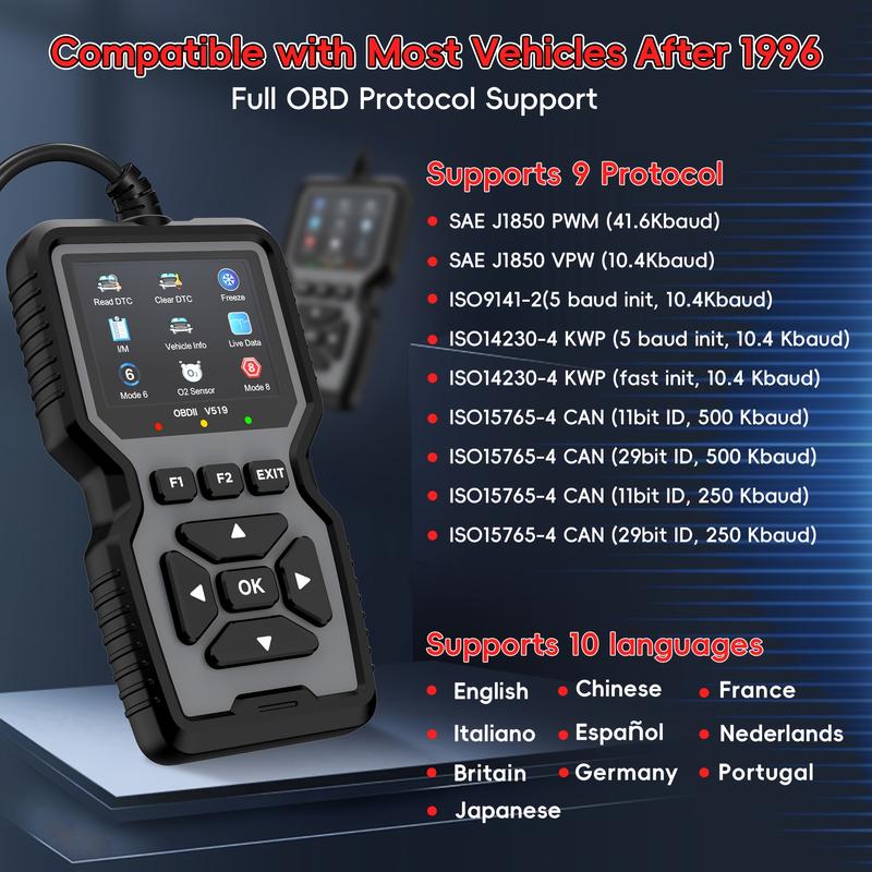 V519  OBD2 Car Scanner – Professional Engine Fault Code Reader with Comprehensive Diagnostic Functions, Reset Feature, I/M Readiness Support, 10 Language Modes, USB-Powered Design – Must-Have for Car Owners & Mechanics