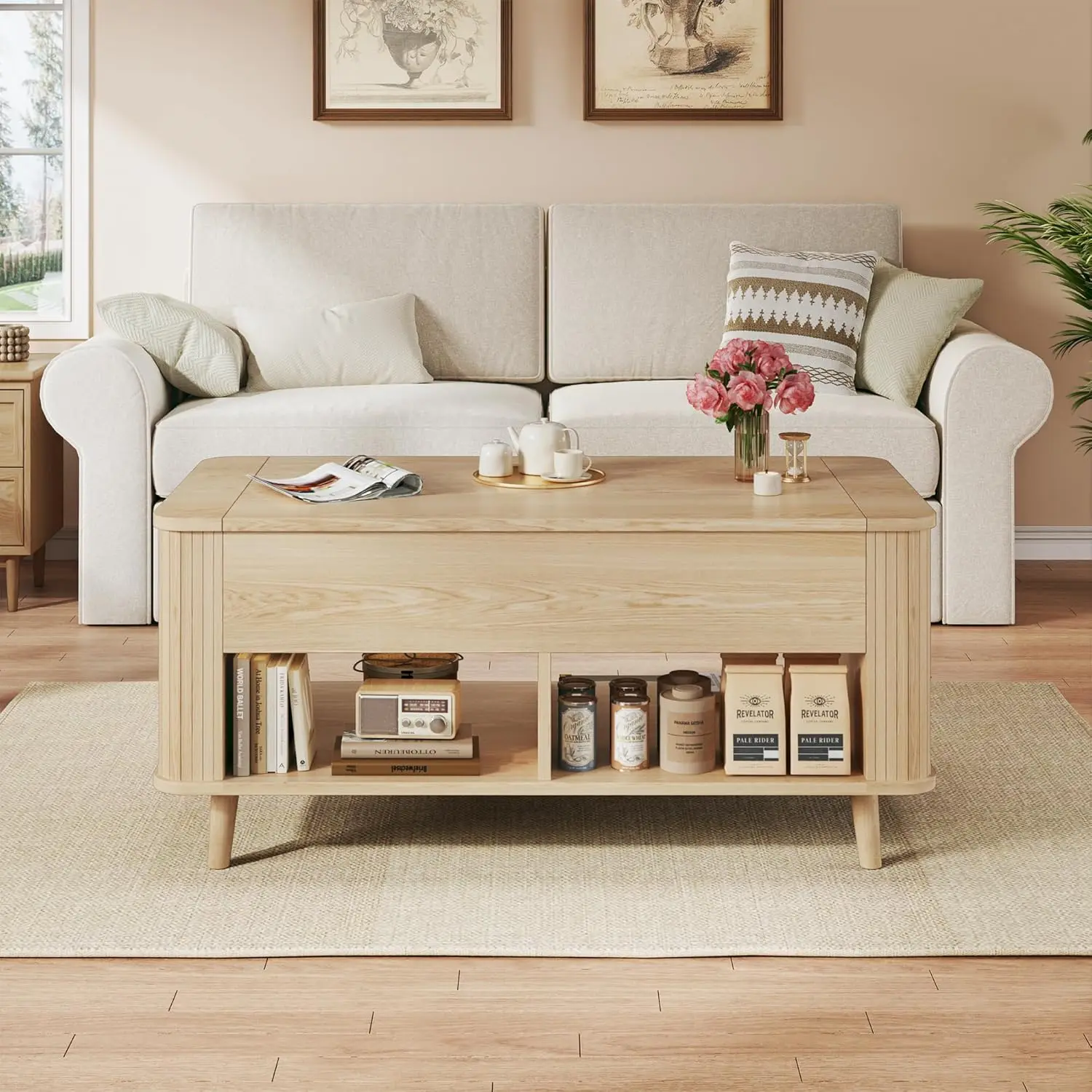 Lift Top Coffee Table with Storage, 41" Mid Century Modern Coffee Table with Fluted & Curved Profile Design, Hidden Storage Compartment, Lower Shelf Center Table for Living Room Office, Oak