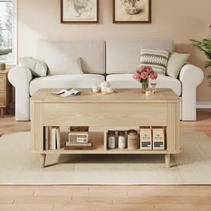 Lift Top Coffee Table with Storage, 41" Mid Century Modern Coffee Table with Fluted & Curved Profile Design, Hidden Storage Compartment, Lower Shelf Center Table for Living Room Office, Oak