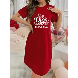 Soft Micro Stretch Women's Lingerie With God Letters Printed Short Sleeve Round Neck Nightgown Sexy Elegant Young Style Women's Valentine's Day Dress Mother's Day Christmas Thanksgiving New Year Gift Ideas