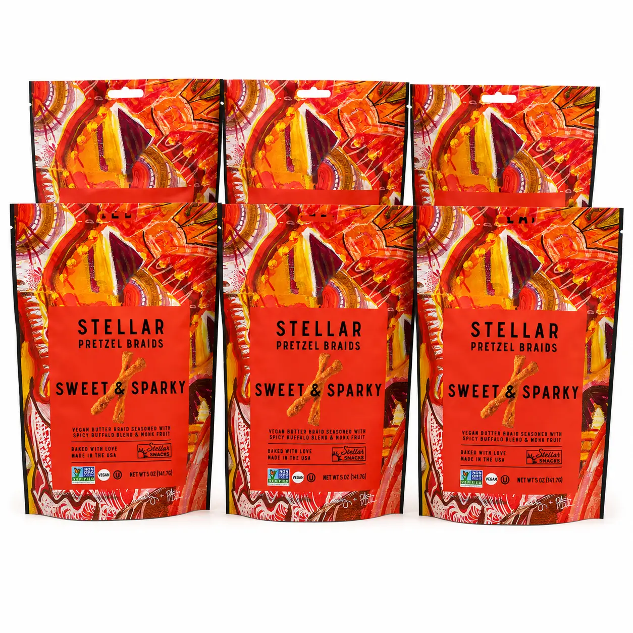Stellar Braids Sweet & Salty Non-Fried Pretzel Braids, 5 oz per Pack (Pack of 6), Crispy Baked Pretzel Twists, Ideal for Lunchboxes & On-the-Go, Snack Ideas, Crisps & Puffed Snacks, Party Snacks