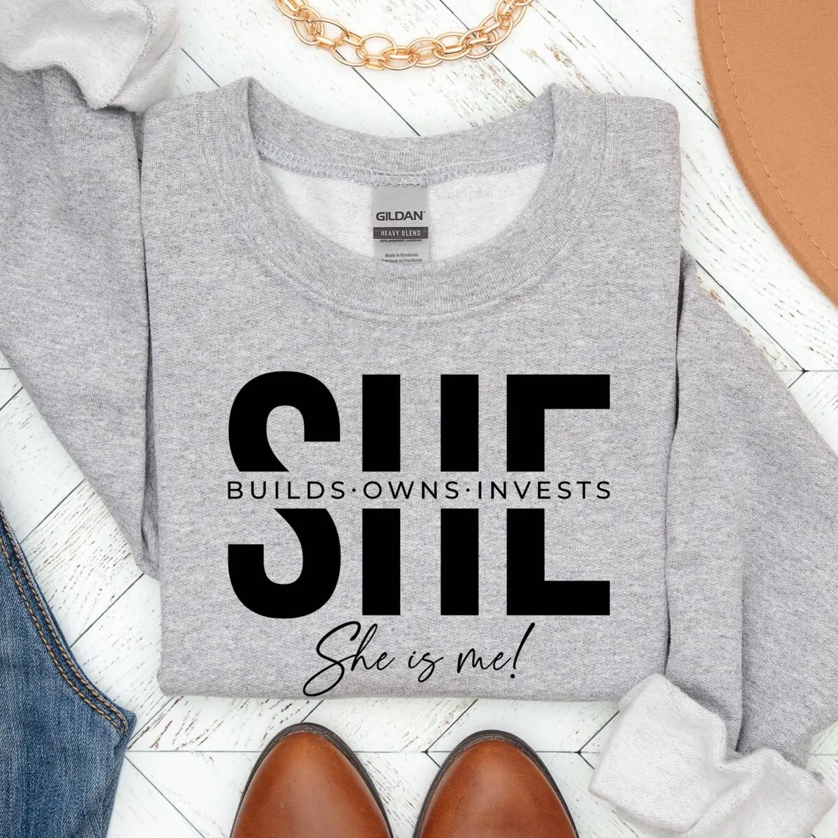 She builds, she owns, she invests | she is me sweatshirt | unisex crewneck Casual Tops Womenswear Pullover
