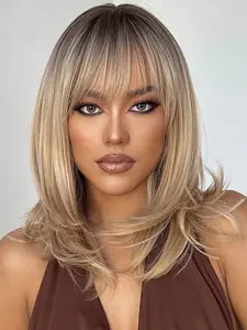 16 Inch Ombre Blonde Shoulder-length Straight Layered Wigs for Women, Gorgeous Fluffy Wigs with Bangs, Heat Resistant Synthetic Wigs for Party, Daily Use, Layered Cut Wig