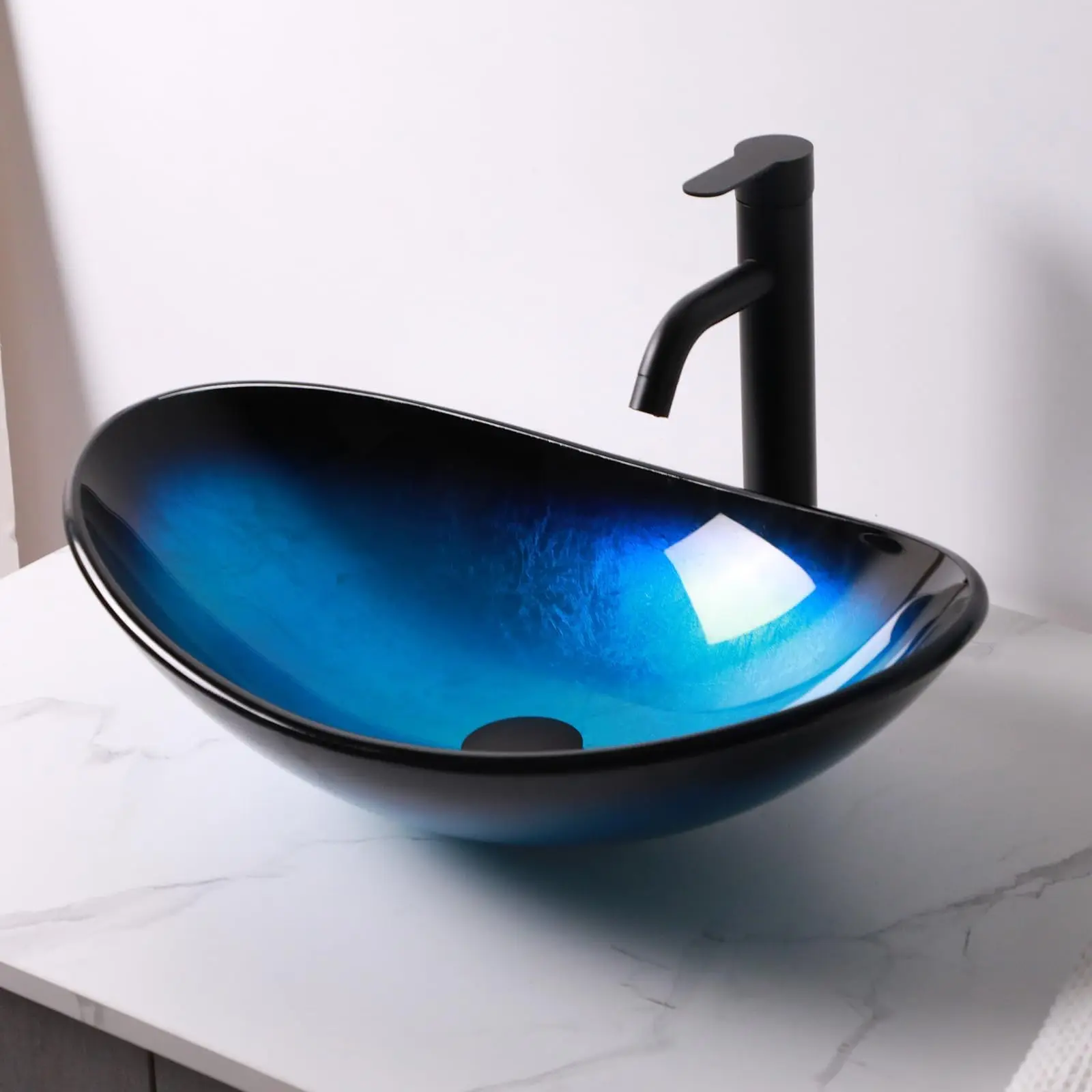 Lordear Glass Vessel Sink Bathroom Sink 21'' Boat Shaped Artistic Vessel Sink Black Blue Tempered Glass Oval Vessel Sink with Black Faucet and Pop Up Drain Above Counter Sink for Bathroom