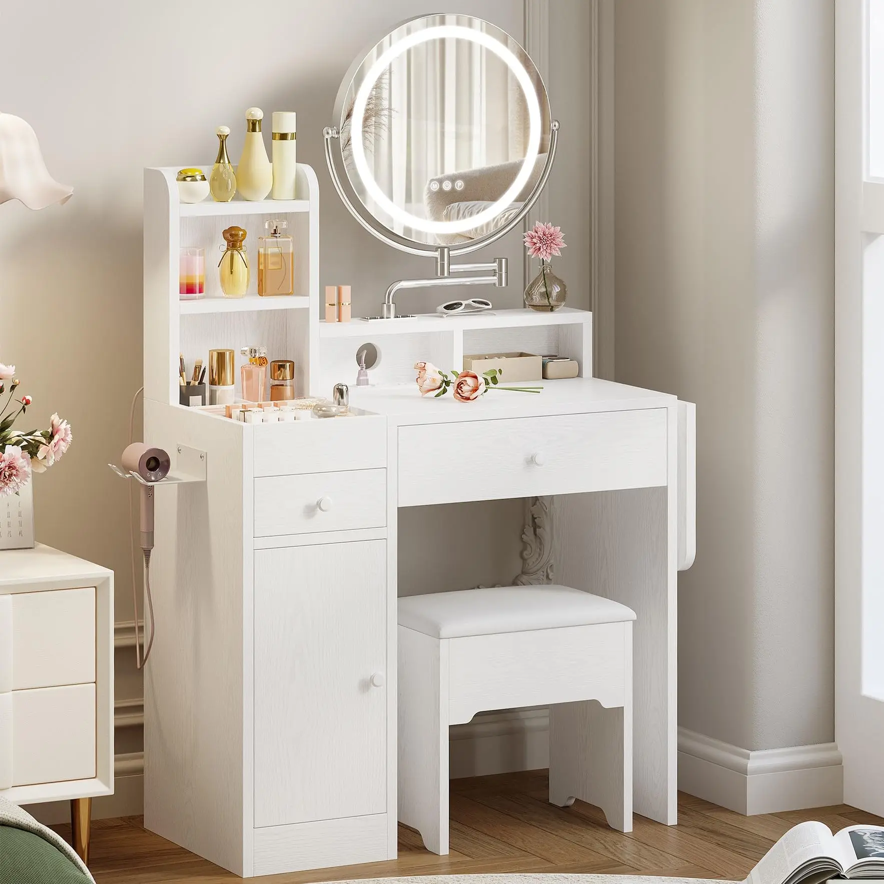 IRONCK Modern Stylish Vanity Desk Furniture - Indoor Makeup Vanity with LED Color-Adjustable Lights, Power Outlet, 6-Slot Compartments, 360-Degree Rotatable Mirror, Storage Stool, Drop Leaf, Multi-Drawer, Moveable Design