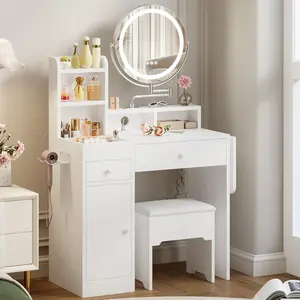 IRONCK Vanity Desk with LED Lights Mirror & Power Outlet, Makeup Vanity Table Set with Rotatable Mirror, 6 Slot Compartments, Storage Stool, White Dressing Table with Drop Leaf for Bedroom