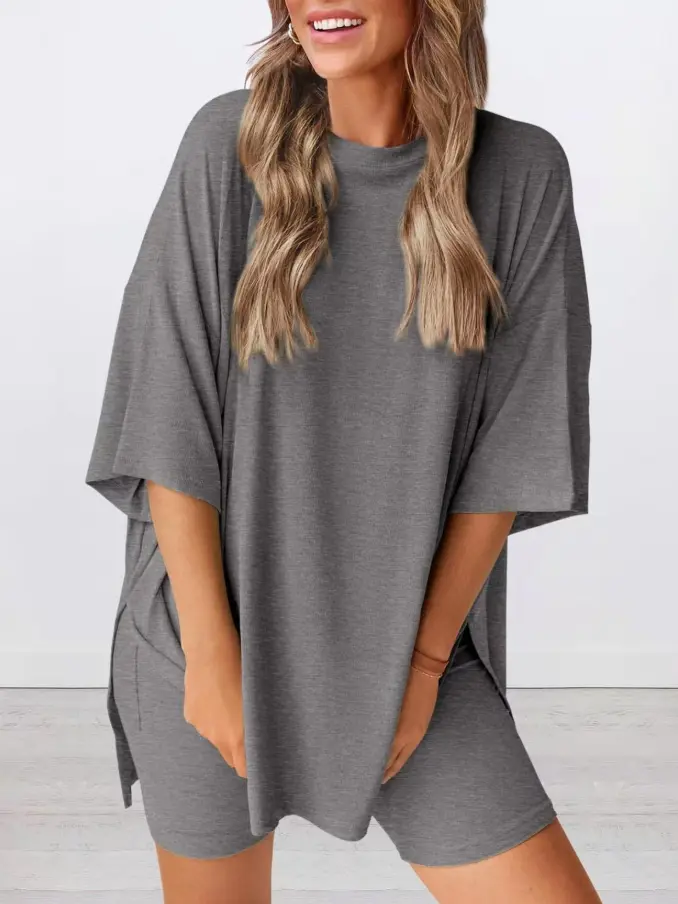 Women's 2-Piece Crewneck Short-Sleeve Pajama Set, Summer Casual Oversized Split Hem Shirt with Side Pocket Biker Shorts, Minimalist Soft Viscose Loungewear, Comfortable Sleepwear