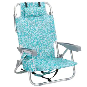 Teal Tribal Pattern Aluminum Beach Chair 5-Position Reclining Lounger with Headrest Cooler Bag Cup Holder 8.5 Inch Seat Height 265LBS Capacity