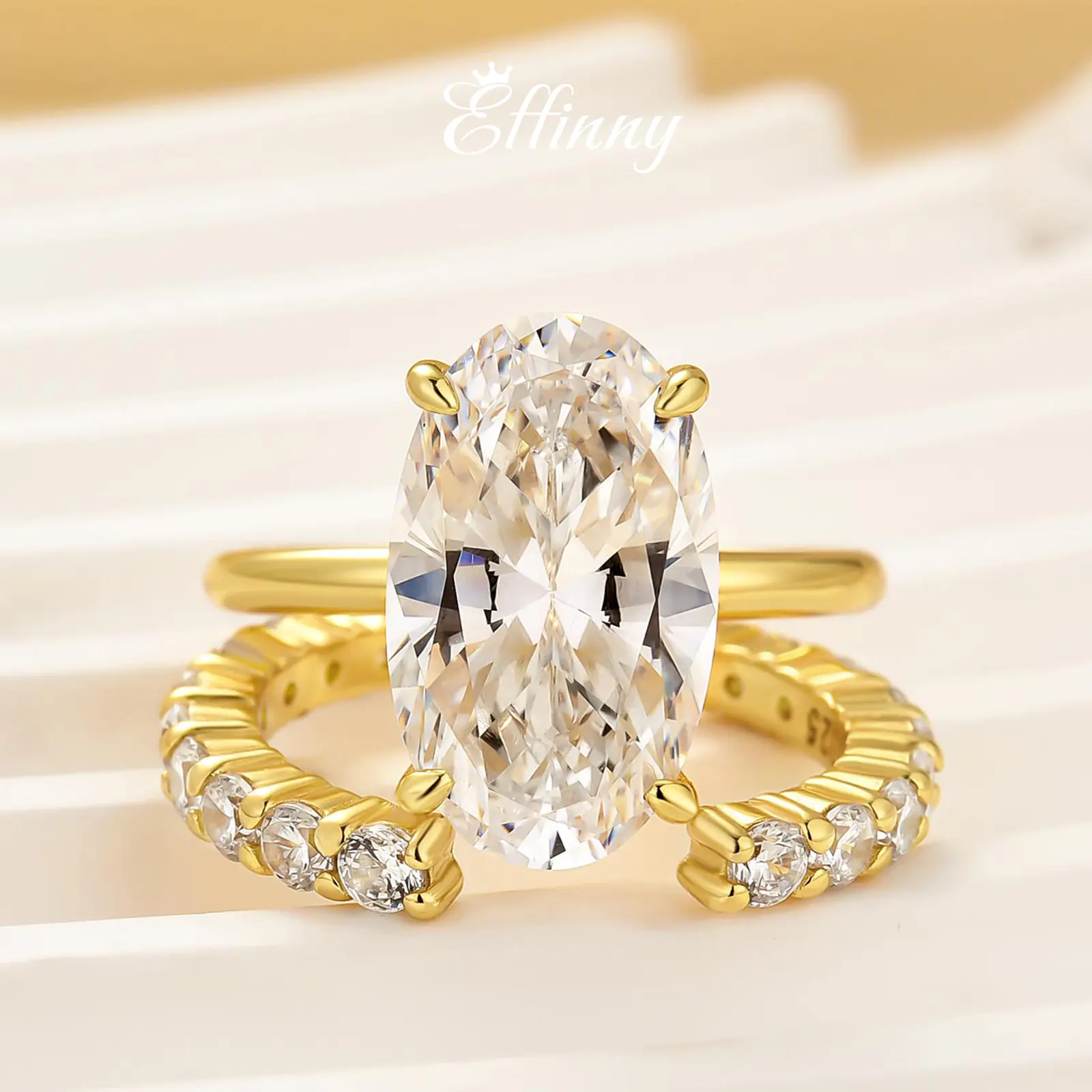 Effinny Jewelry 5.5ct Oval Cut Solitaire Golden Wedding Ring Set, 925 Sterling Silver Promise Ring with Open Wedding Band, 5A Cubic Zirconia Promise Ring, Bridal Ring Set for Travel, Elegant Engagement Ring, Wedding Promise Rings