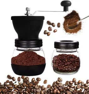 Manual Coffee Grinder for Drip Coffee, Espresso, Spice Grinder Manual, 2 Glass Jars, Ceramic Burr, Easy to Clean, Portable Compact Design, Stainless Steel