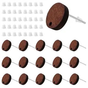 50pcs Wooden Stud Earrings Post for Jewelry Making Wooden Flat Round Earring Pin Studs with Loop Walnut Wood Earrings Studs  for DIY Earring Making