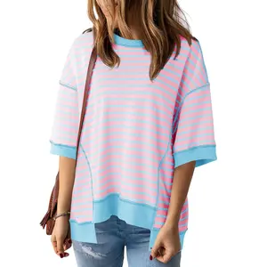 Imily Bela Women's Spring-Summer Half-Sleeve Oversized Striped Color-Block Cotton Loose T-Shirts
