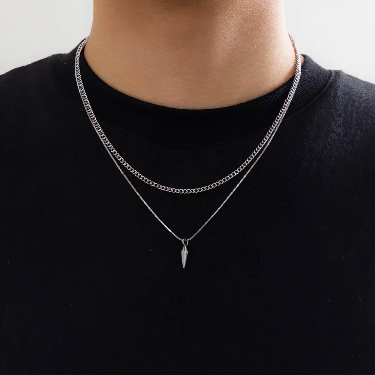 Men's Silver Layered Necklace - Stainless Steel Hip Hop Chain with Cone Pendant. Double Layer Adjustable Jewelry for Wedding, Birthday, Anniversary.