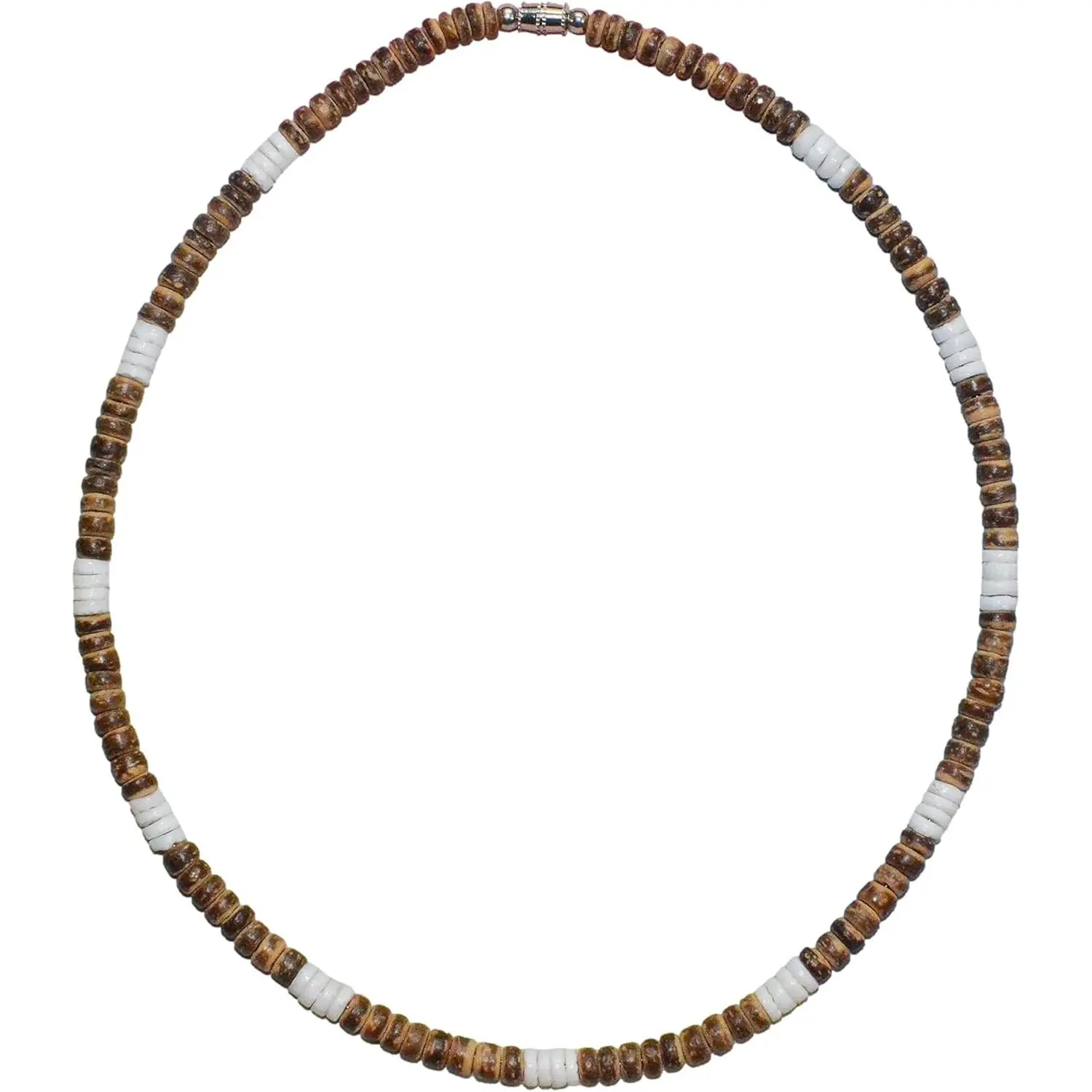 5mm Puka Style Necklace Mixed Brown Coconut Beads with White Clam Heishi Accents, Surfer Style for Men and Women, Stainless Steel  Wire, Nickel-Free Barrel Clasp (14 inch)