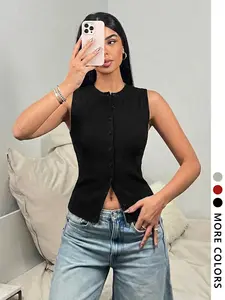 Women's Ribbed Knit Front Button Vest, Sleeveless Slim Fit Waistcoat, Casual Y2K Round Neck Shirt, Summer Layering Top Womenswear