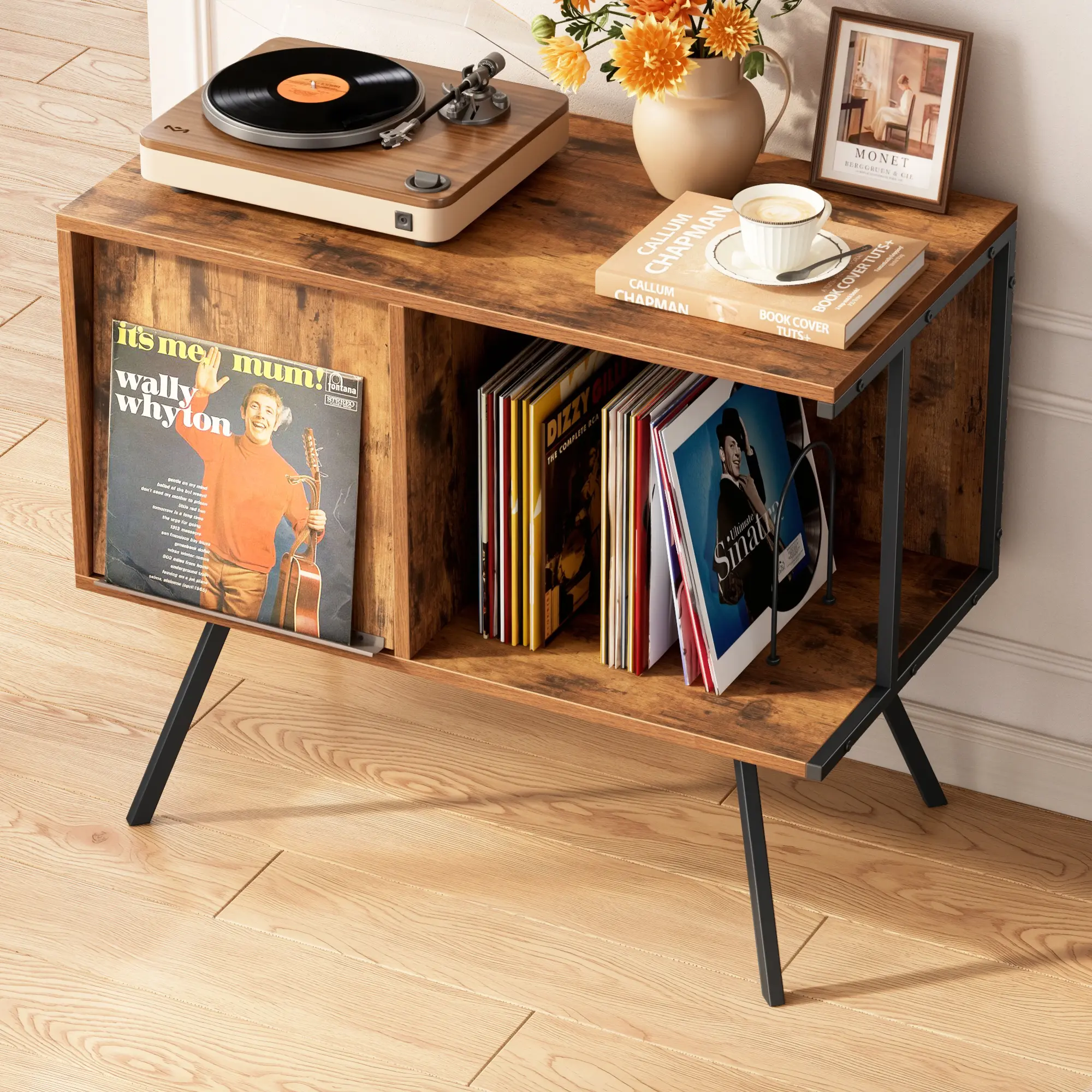 Vinyl Record Player Display Stand with Flip-Top Cover, 150LBS Capacity Turntable Shelf with U-Shaped Dividers, Record Storage Cabinet for Living Room Bedroom, Brown Tiger Wood Finish & Black Metal Frame