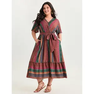 BLOOMCHIC Lady's Plus Size Fit Bohemian Smooth Nylon Maxi Dress - Short Sleeve/Regular Sleeve, Colorful Striped Print, Waist-Tie, Button-Accented, Pocket, Summer Casual Swimweek Style