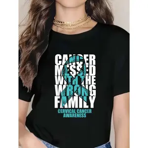 100% Cotton Unisex Cervical Cancer Messed With The Wrong Family Teal Ribbon T-Shirt 2026 Women's Round-neck Short-sleeved T-shirt