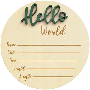Kemina Blankets Wooden Baby Announcement Sign – 6-Inch Green Disc “Hello World” Newborn Name Sign for Hospital Birth, Nursery Decor, and Photo Prop