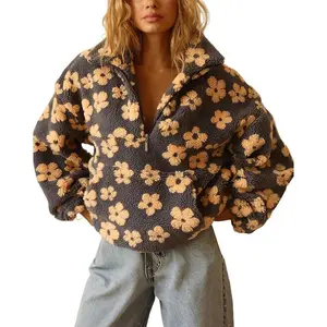 Fleece Half Zip Fall Fleece Sweatshirts Cute Floral Printed Half Zip Pullover Long Sleeve Y2k Sherpa Coat With Pocket Half Zip Fleece Womens Fleece Pullover Sherpa Pullover Womens