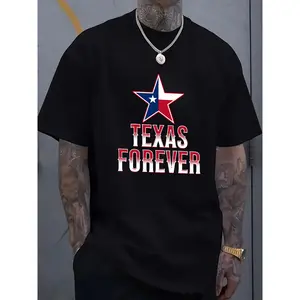 Texans Forever Men's Pattern T-Shirt-Texas Flag Design-Black with Red and White Letters-Soft Everyday Casual Shirt for Texans Pride and Lone Star State Fans-Machine Washable Regular Pattern T-Shirt Sports Fan Clothing Bold Print Top