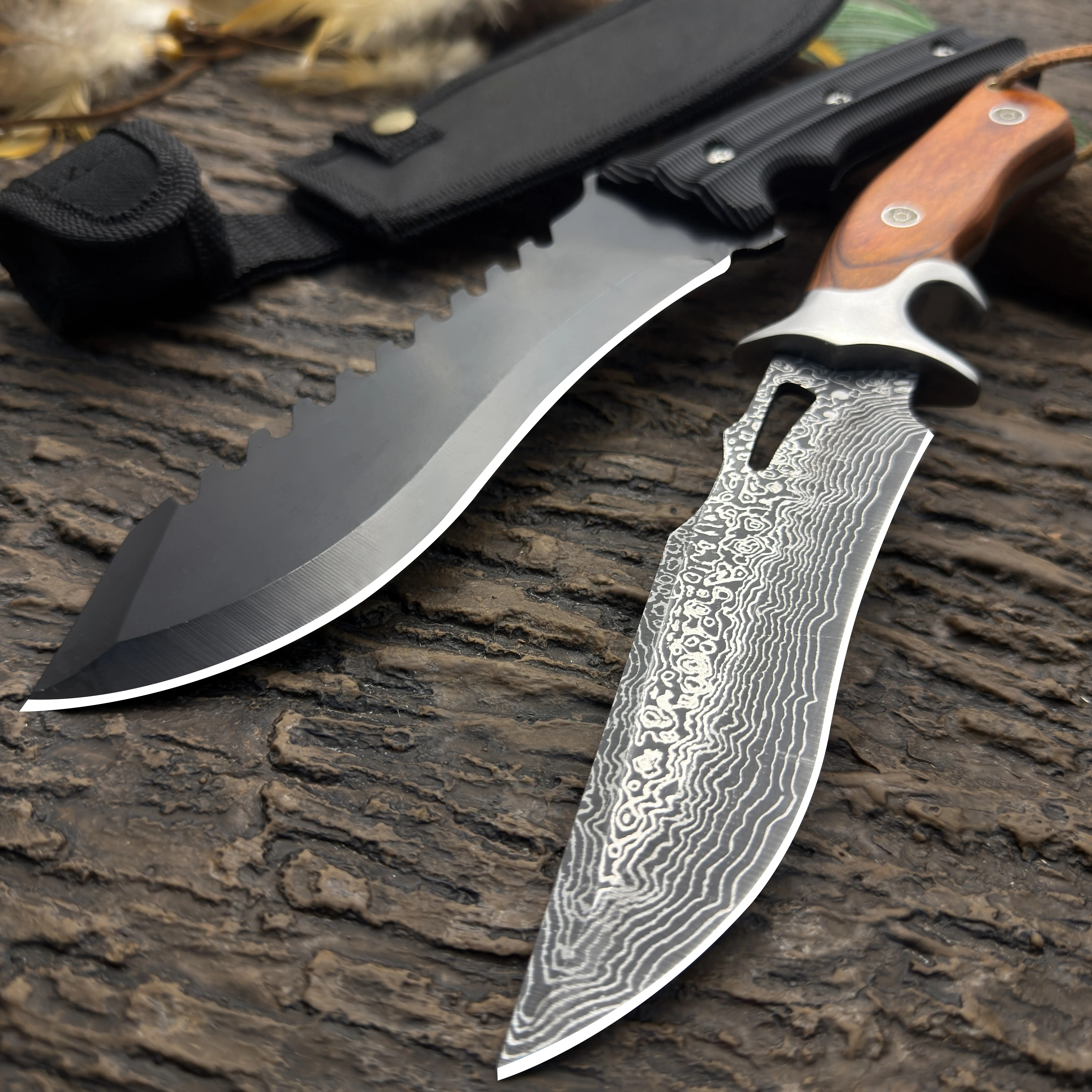 Professional Chef Knives 2-Piece Set - Durable High Carbon Steel with Damascus Grain, Anti-Rust Non-Stick Coating, Ergonomic Natural Wooden Handle, Nylon Sheaths for Home Meat Prep, Gift for Kitchen Lovers, Two Piece Set, Daily Family Cooking