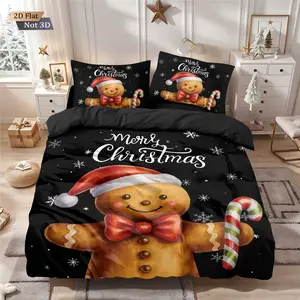 3-piece Christmas-themed quilt set (1 quilt cover +2 pillowcases, no core) Gingerbread man wearing a Christmas hat holding candy cane print quilt soft and comfortable bedding, suitable for all rooms Soft Bedding Sets