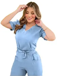 Women Medical Scrubs Set Doctor Nurse Uniform Surgical Wash Suit Straight Pants Pure Color Outfit