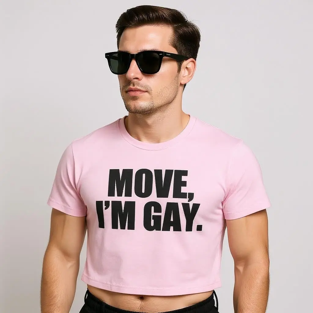 Move Im Gay Crop Top - Fitted Short Sleeve Crew Neck Unisex Tee 100% Organic Cotton Pride Fashion Queer Style Soft Sustainable Feel Comfortable Stylish Unisex Breathable Menswear Planet Stretch - Streetwear