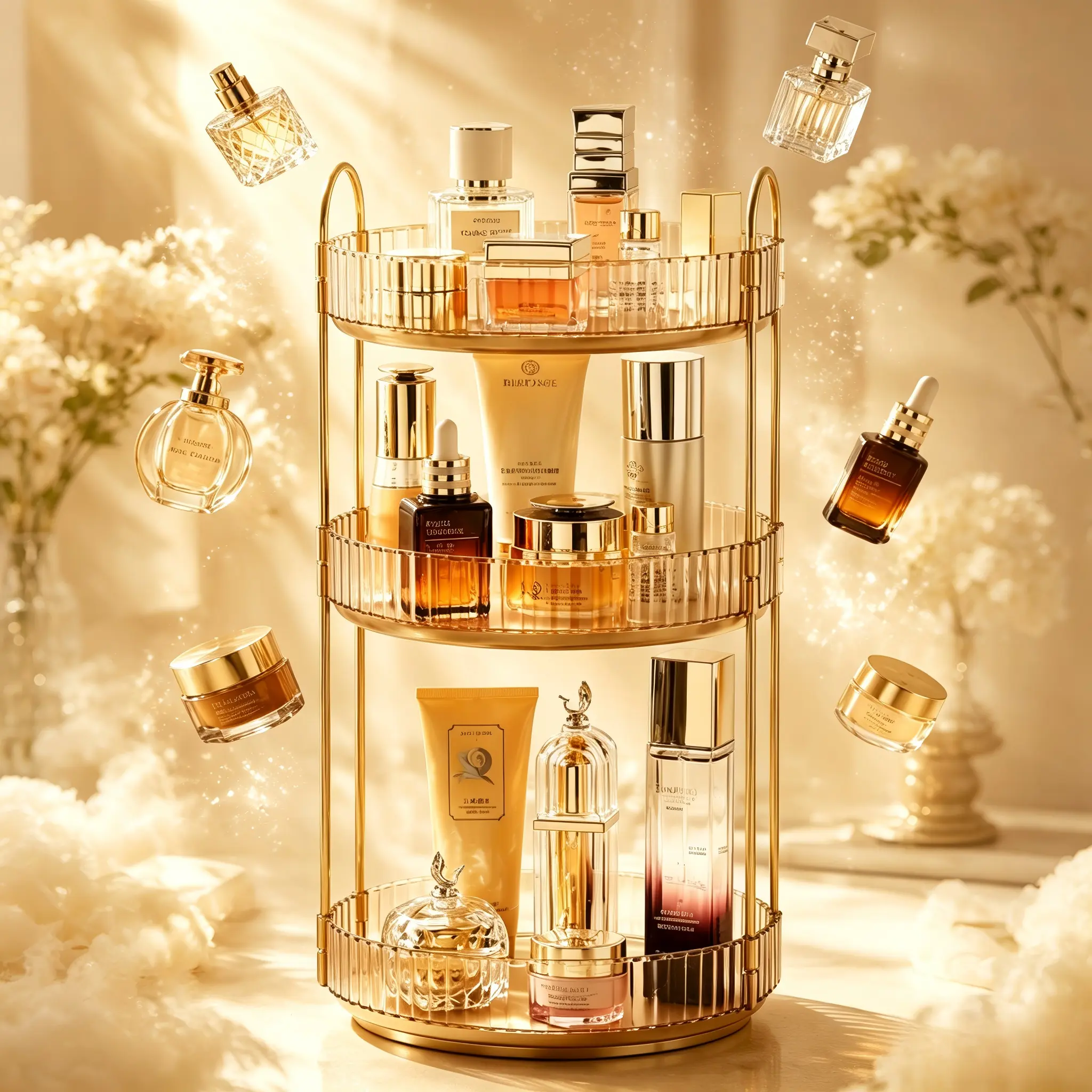 360° Rotating Gold Makeup Organizer, 1-3 Tier Large Capacity Beauty Storage, Skincare & Perfume Display, Vanity Countertop Cosmetic Holder,Perfect Gift for Women, Christmas Birthday Holiday Present, Bathroom Spinning Organizer