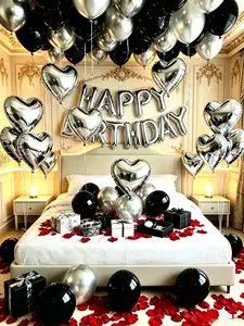 574pcs Silver and Black Decorative Balloons; Includes 500 pieces of artificial petals / Silver heart-shaped balloons. These balloons are perfect for male birthday parties and girls' birthday celebrations.
