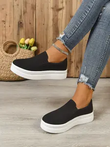 Velvet Slip-On Chunky Heel Loafers, Heightening Slimming Comfortable Lightweight Women's Shoes, British Casual Style