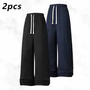 Men’s 3-piece set of wide-leg casual pants in black, gray, and navy, featuring a simple drawstring design, loose fit, comfortable skin-friendly fabric for everyday wear, street style menswear set, stylish beige plain motocross pants.