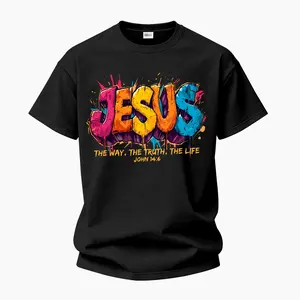 Men's Short-Sleeve Round Neck Solid Cotton Fabric T-Shirt - Unisex Menswear Top with Colorful Spray Paint Jesus Graphic, John 14:6 "The Way The Truth The Life" Quote, Inspirational Faith Shirt